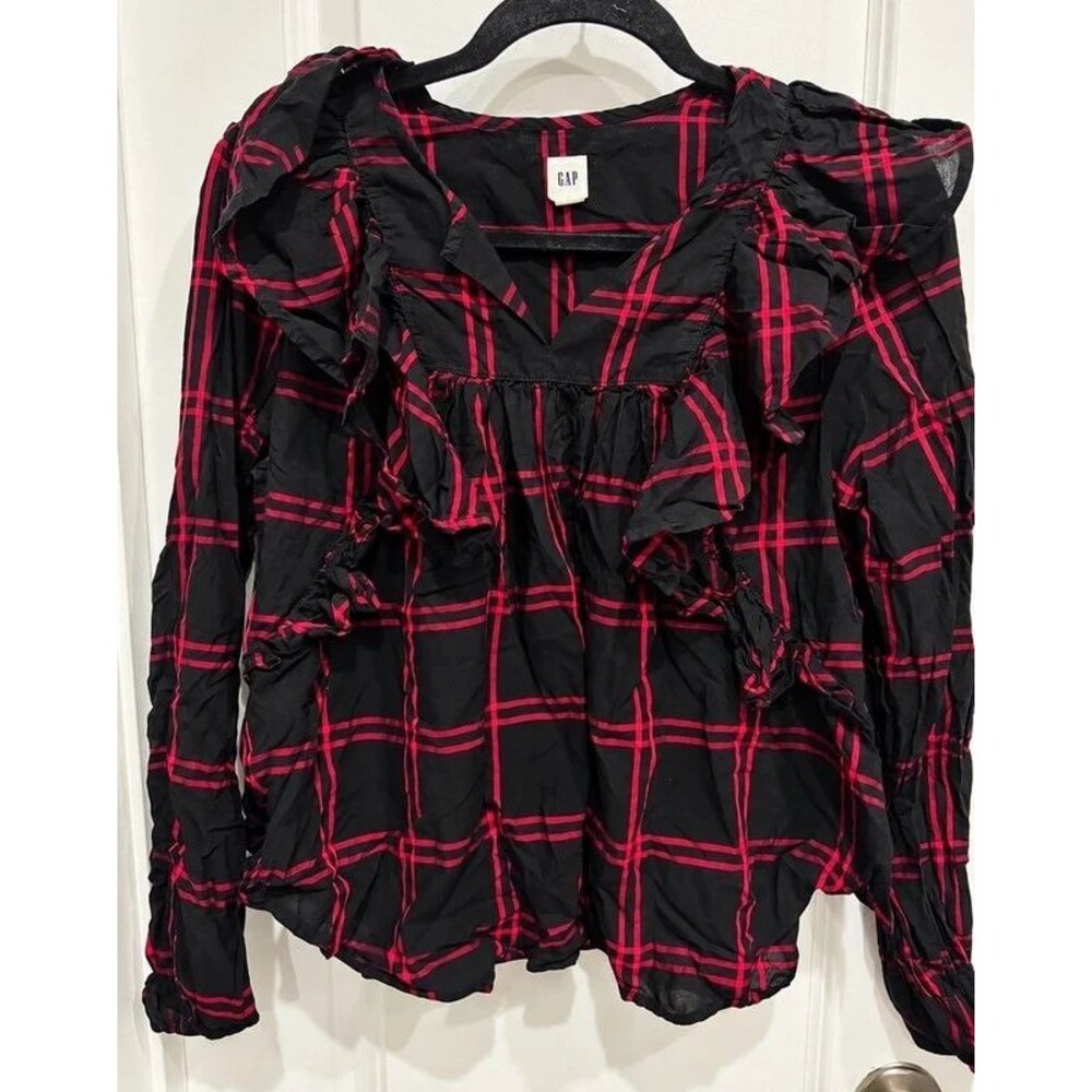 GAP Black & Pink Plaid Ruffle Blouse Size Medium
